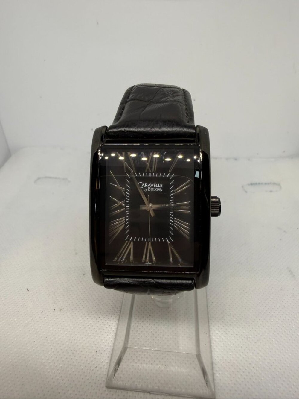 Caravelle by Bulova 45A101 Men's Rectangular Black Dial Black Leather Watch